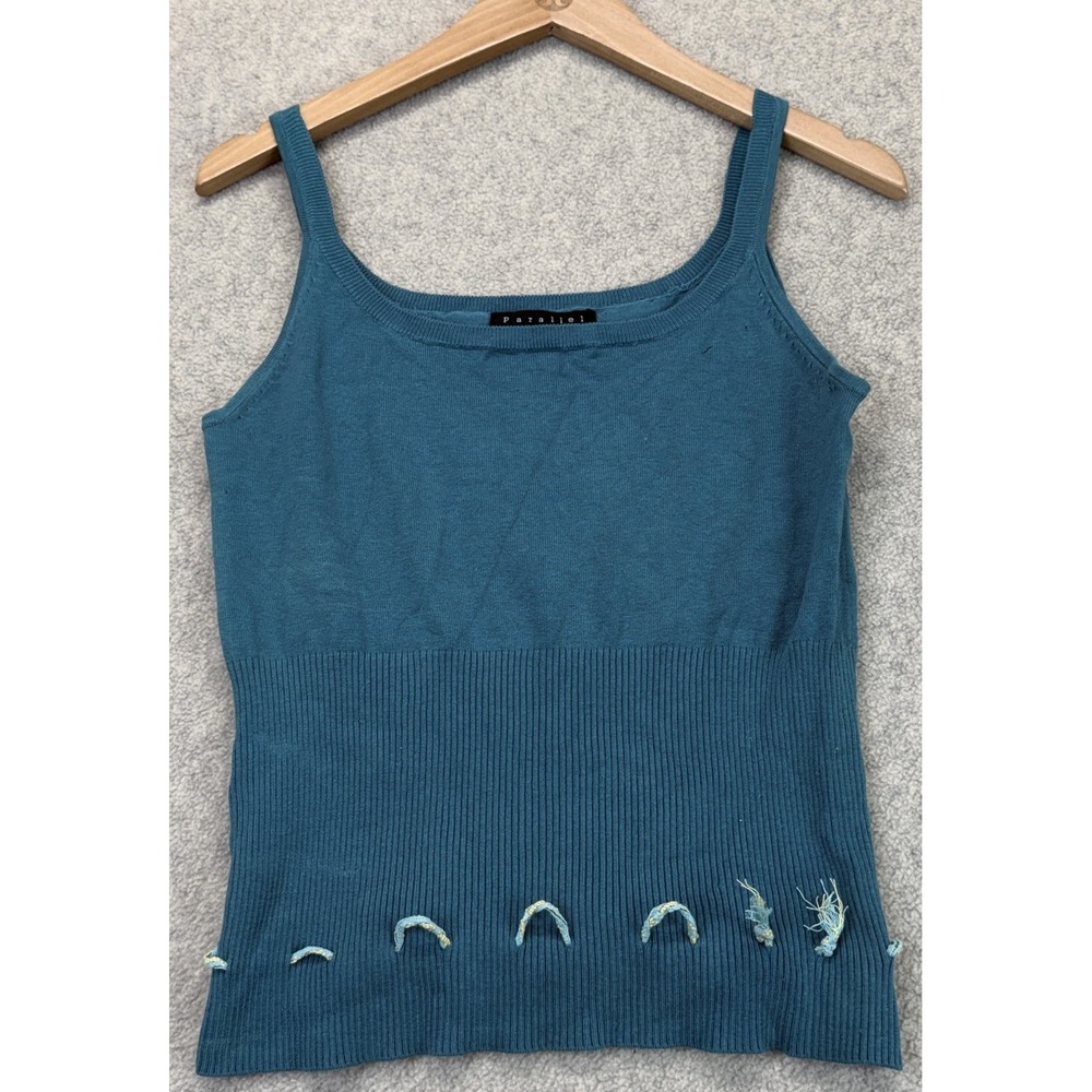 Parallel Womens Knit Tank Top Teal Blue Square Neck Bottom Hem Detail Ribbed M